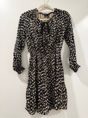 Theory Black & Cream Printed Tie-Neck Mini Dress